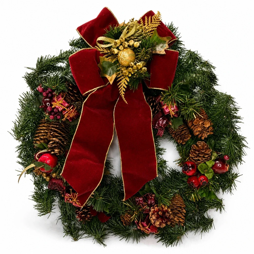 Christmas Wreath Burgundy Velvet Bow Pinecones Apples Berries Holiday Decor